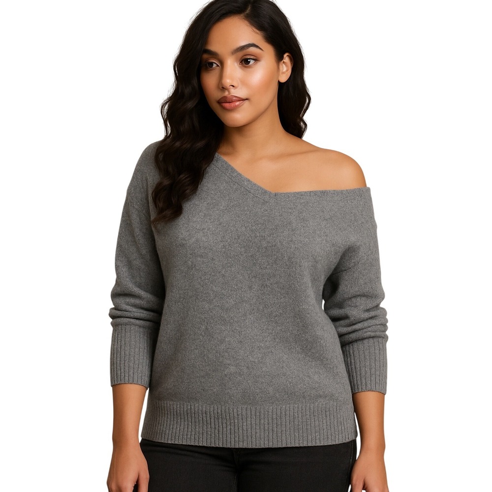 100% Superfine Merino Wool Womens Sweater in Gray Ribbed Sleeves Soft Small‎